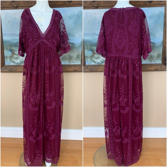 NWT Maroon Lace Overlay Maxi Dress | Flutter Sleeve V-Neck Full Length Gown - Picture 2 of 10